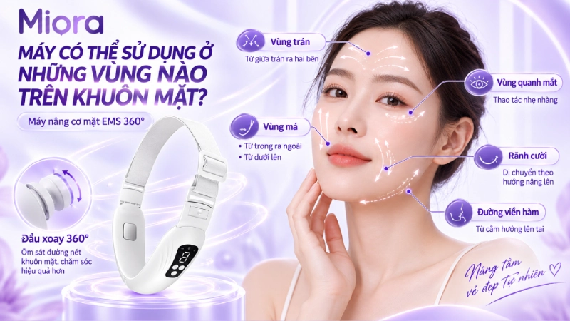 Máy có thể sử dụng tại vùng má, quanh mắt, trán, rãnh cười và đường viền hàm.