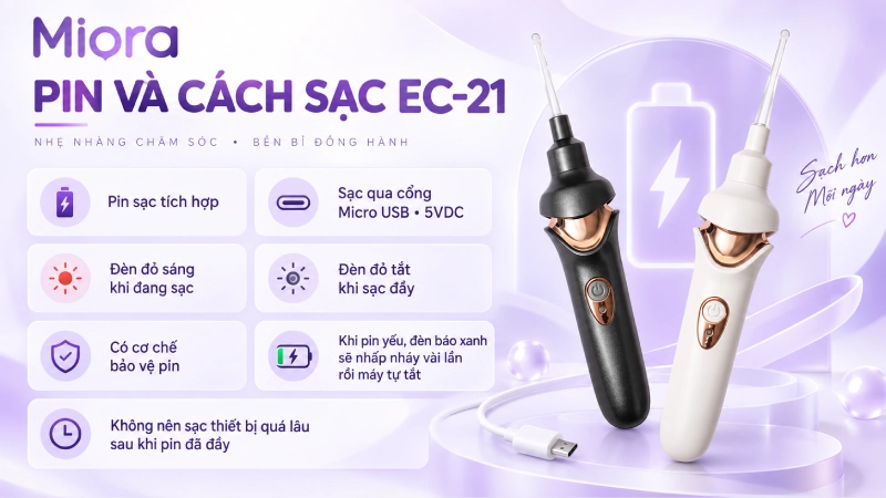 Cây lấy ráy tai điện EC-21: Hút chân không kết hợp đèn LED soi tai