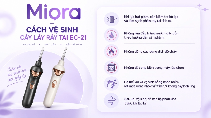 Cây lấy ráy tai điện EC-21: Hút chân không kết hợp đèn LED soi tai