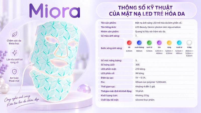Mặt nạ Led ánh sáng trẻ hóa da kèm phần cổ