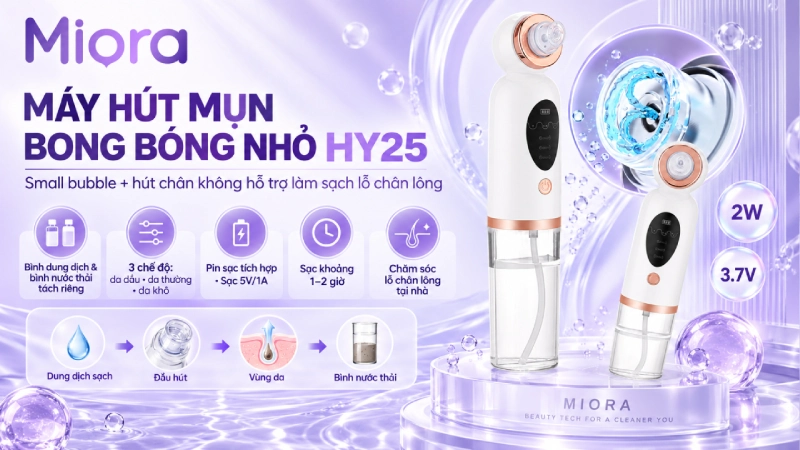 Máy hút mụn HY25 sử dụng công nghệ small bubble kết hợp hút chân không, bình dung dịch và bình nước thải để hỗ trợ làm sạch lỗ chân lông.