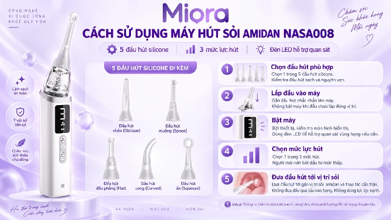 Máy hút sỏi amidan NASA008: 3 mức lực hút, đèn LED soi và 5 đầu hút silicone