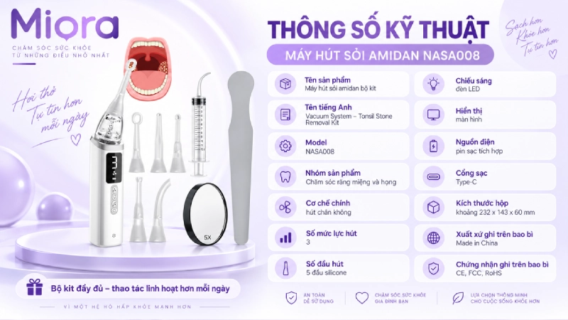 Máy hút sỏi amidan NASA008: 3 mức lực hút, đèn LED soi và 5 đầu hút silicone