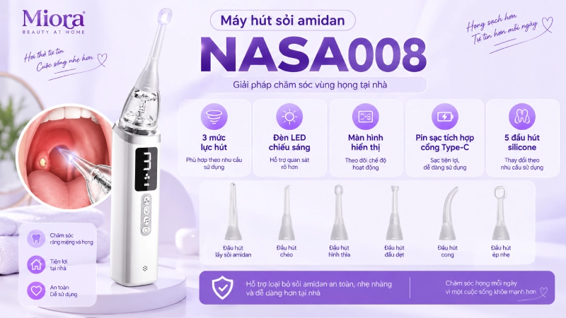Máy hút sỏi amidan NASA008: 3 mức lực hút, đèn LED soi và 5 đầu hút silicone