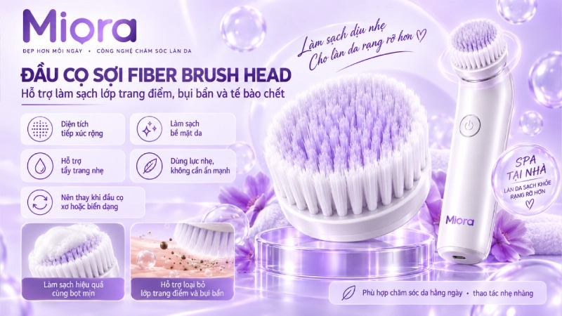 Fiber Brush Head là đầu bàn chải sợi dùng để hỗ trợ làm sạch lớp trang điểm, bụi bẩn và tế bào chết trên bề mặt da.