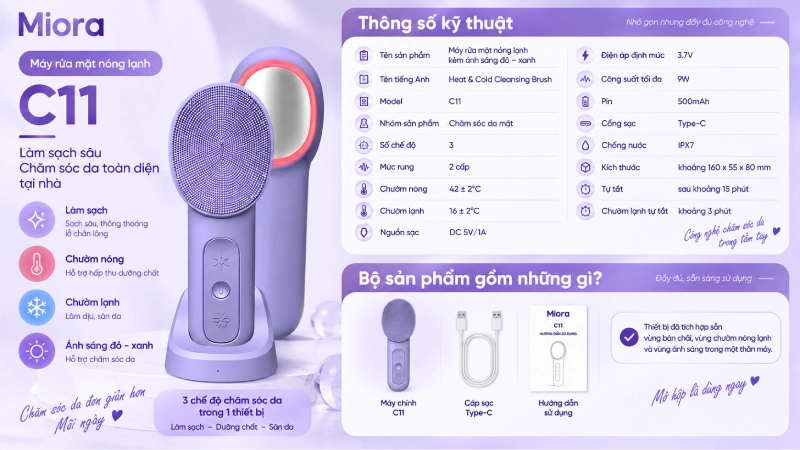Máy rửa mặt nóng lạnh C11: Làm sạch, chườm nóng 42°C, chườm lạnh 16°C và quang trị liệu đỏ – xanh