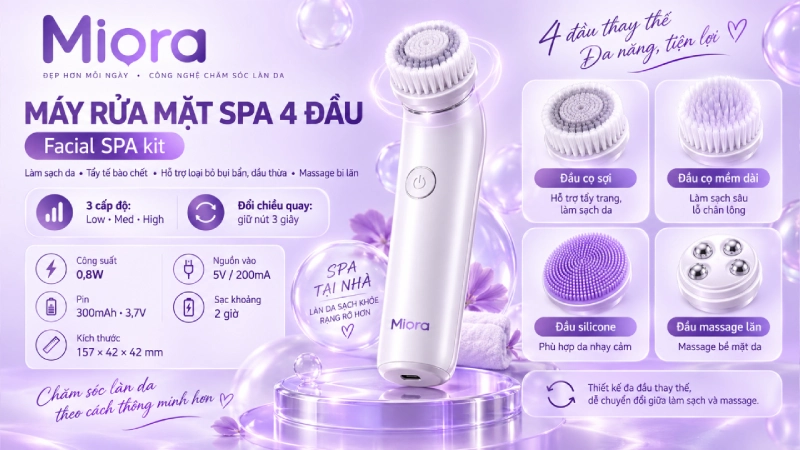 Máy rửa mặt SPA 4 đầu Facial SPA kit chuyên sử dụng tẩy da chết, làm sạch da...