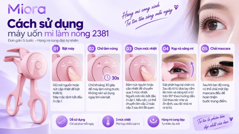 Máy uốn mi làm nóng 2381: 3 mức nhiệt 50°C, 60°C, 65°C và tự tắt sau 20 phút