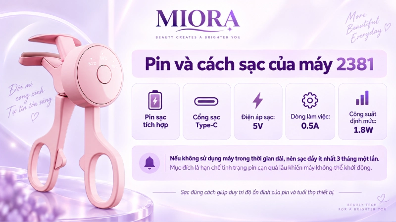 Máy uốn mi làm nóng 2381: 3 mức nhiệt 50°C, 60°C, 65°C và tự tắt sau 20 phút