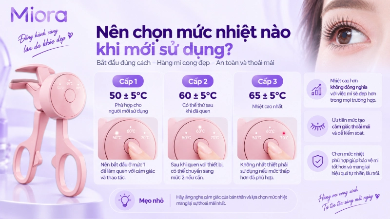Máy uốn mi làm nóng 2381: 3 mức nhiệt 50°C, 60°C, 65°C và tự tắt sau 20 phút